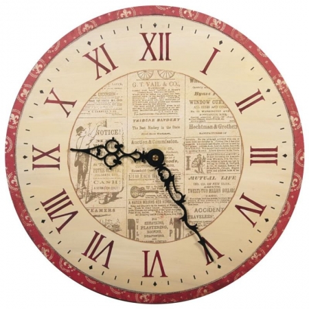 Zegar ozdobny na ścianę wykonany z okrągłej tarczy zegara ozdobionej farbami akrylowymi przy szablonie do malowania cyfr rzymskich.