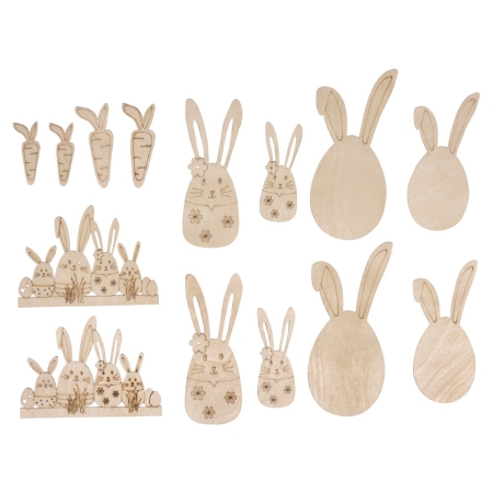 Wzory z forniru zajączki wielkanocne 14 elementów marki Rayher idealne do kartek świątecznych dekoracji stroików wielkan