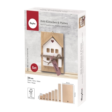 Klocki drewniane do DIY, zestaw mini 34 elem. Rayher efektownie opakowane wykorzystaj jako prezent na wiele okazji