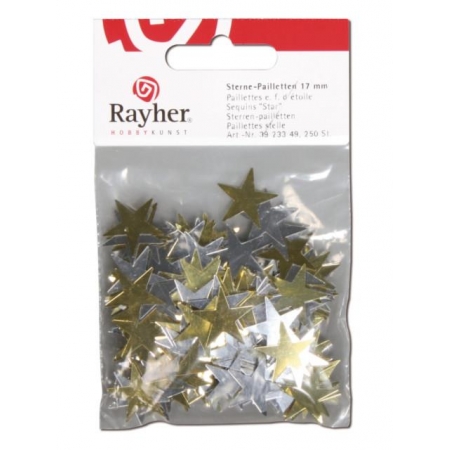 Cekiny w kształcie gwiazdek wielkości 17 mm do dekoracji świątecznych w opakowaniu handlowym.