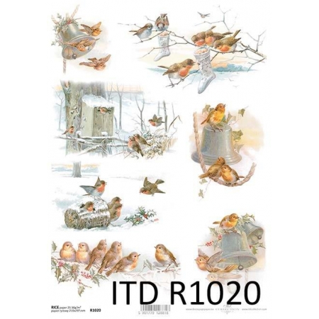 papier ryżowy do decoupage, zima, ptaki zimowe, ITD-R1020, made in Poland