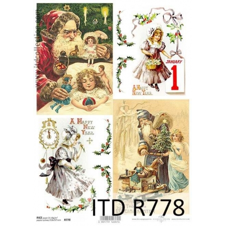 papier decoupage, ryżowy, motywy świąteczne, Nowy Rok, Mikołaje, ITD R0778, made in Poland