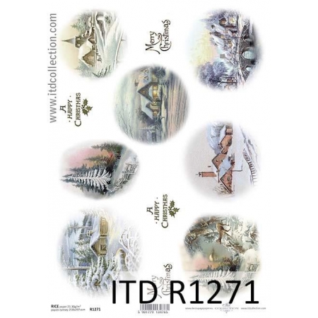 papier ryżowy do decoupage, krajobrazy zimowe, ośnieżone domki, ITD-R1271, made in Poland