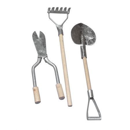 miniaturki narzędzia ogrodnicze, grabie, łopata, nożyce