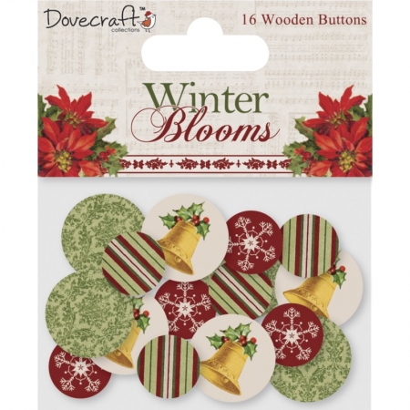 Guziki ozdobne drewniane Winter Blooms produkcji Dovecraft ozdobią kartki na boże narodzenie ręcznie robione oraz stroik